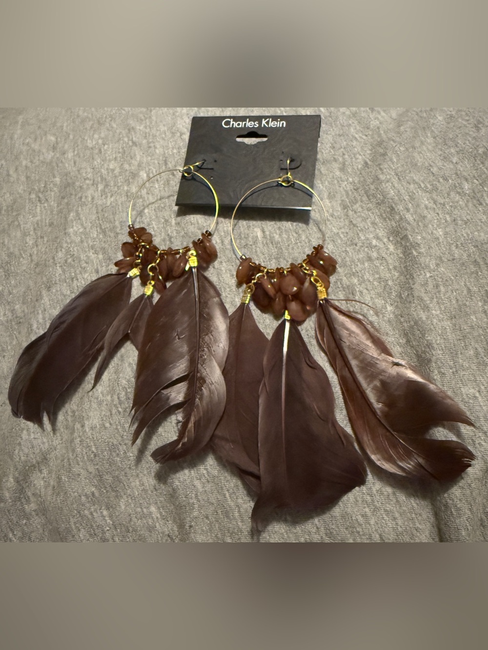 Charles Klein Brown Feather Hoop Earrings